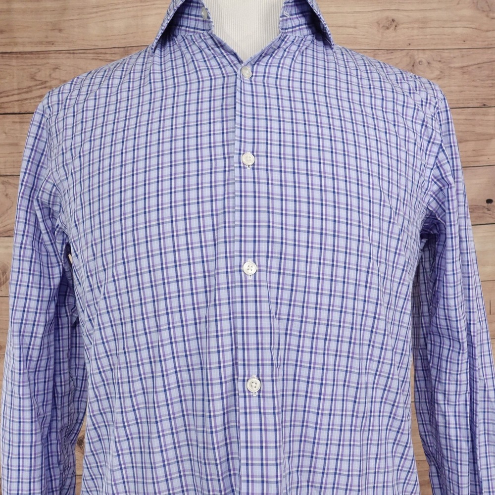 Hugo Boss Dress Shirt Mens 15.5 34/35 Purple Plaid Sharp Fit Excellent Cotton